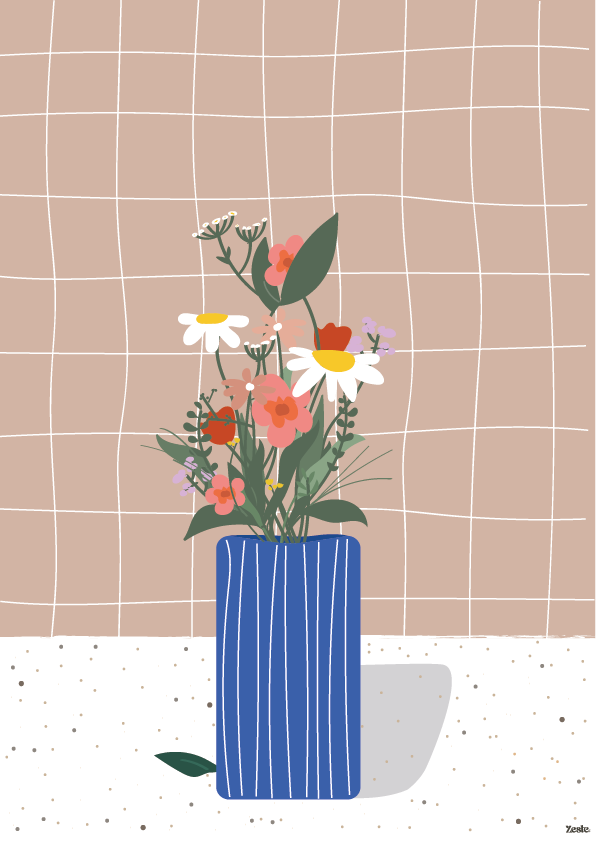 illustration A4 d'un bouquet champêtre posé sur une table